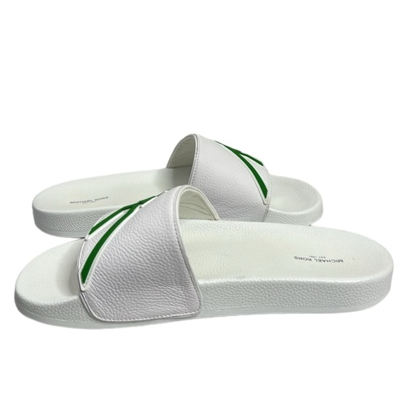 MICHAEL KORS NWT MEN’S WHITE GREEN LEATHER SLIDES SANDALS SIZE 12 - Picture 7 of 9